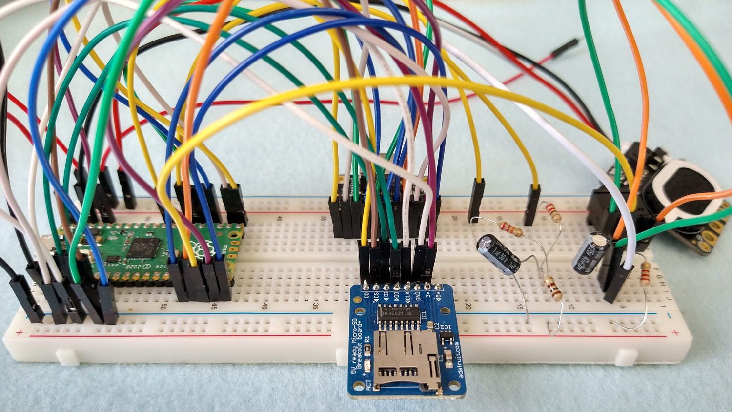 Everything assembled on a breadboard