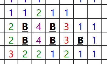Cells showing bombs and surrounding cells showing totals